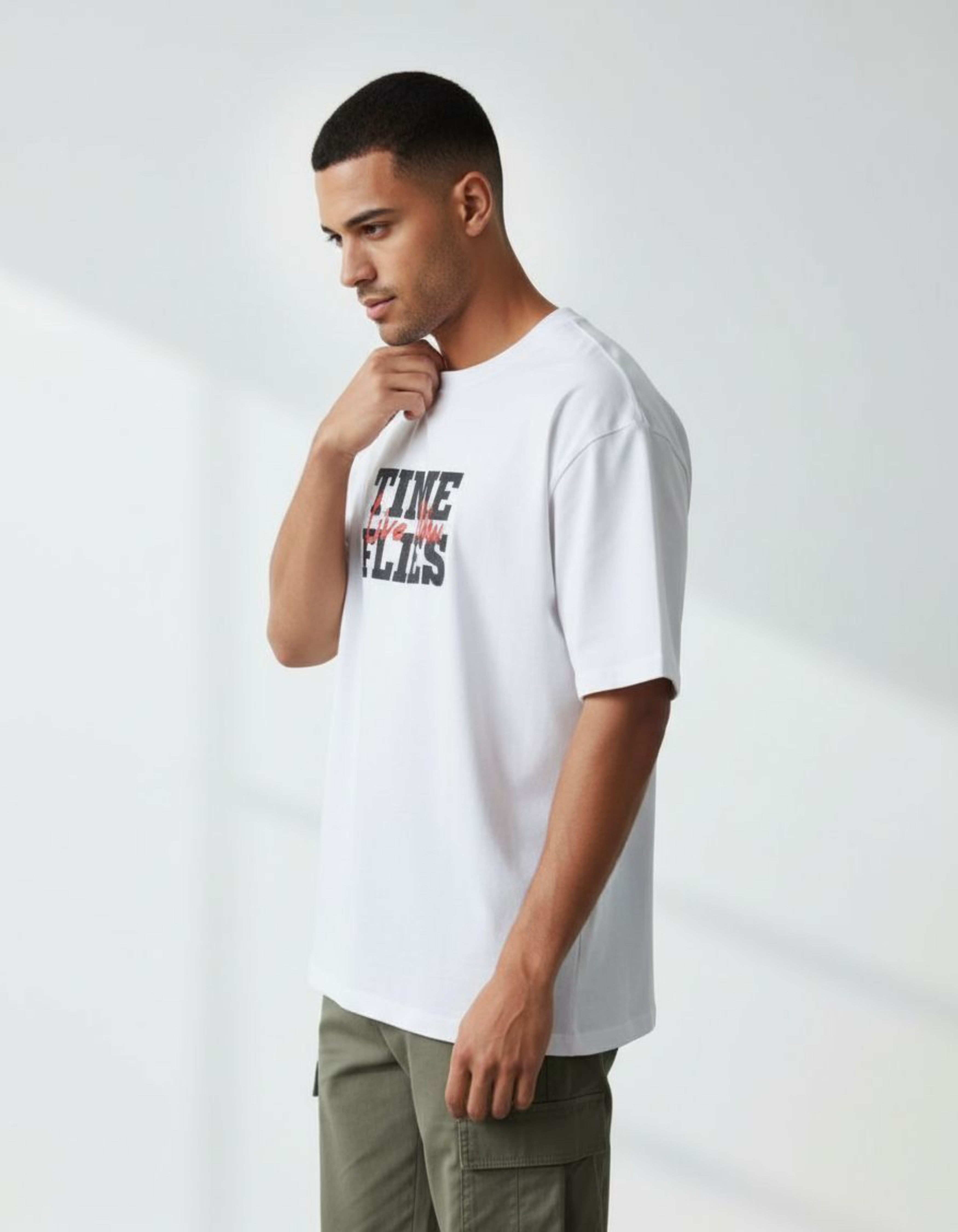 White Time Flies Oversized Typography T-Shirt