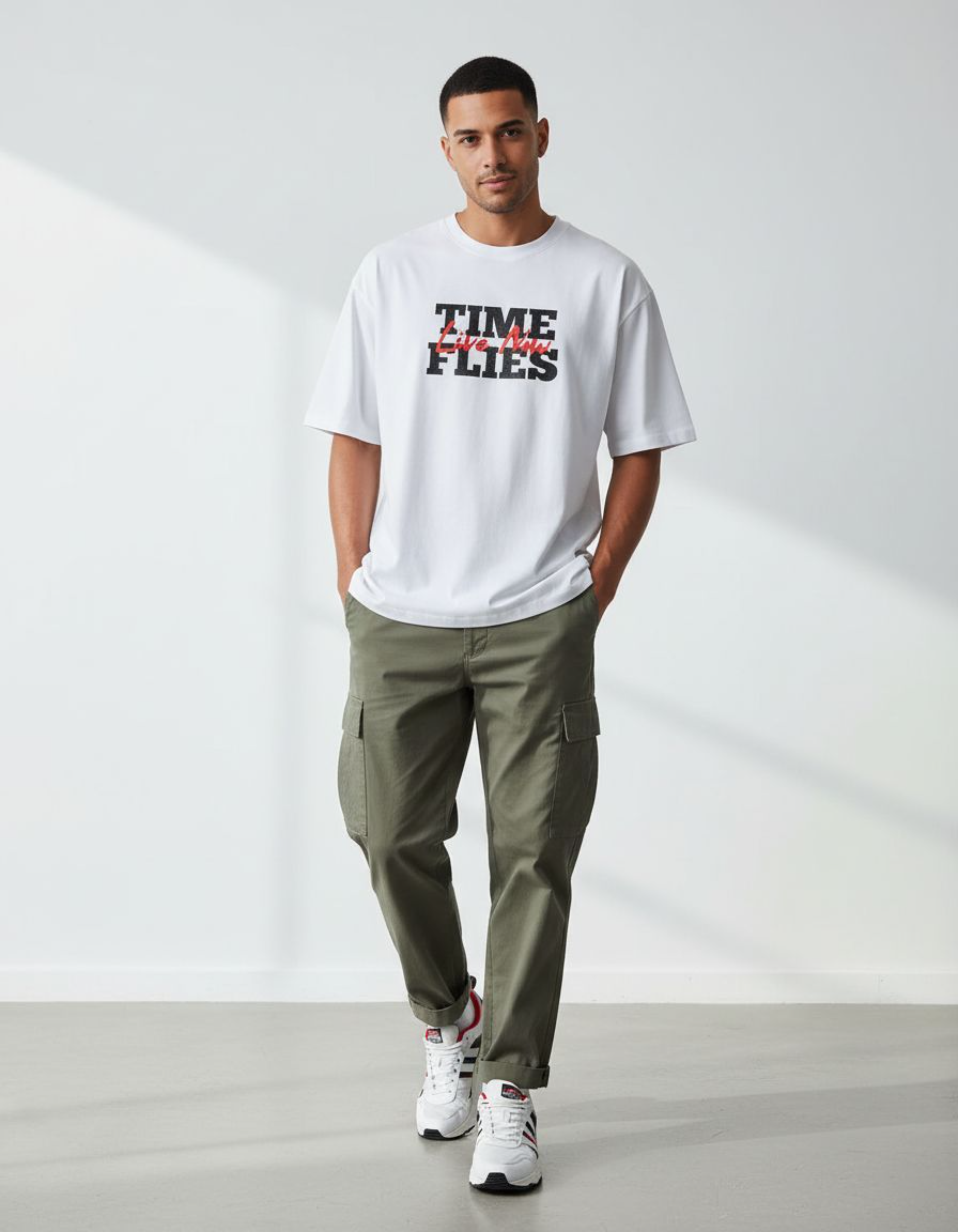 White Time Flies Oversized Typography T-Shirt