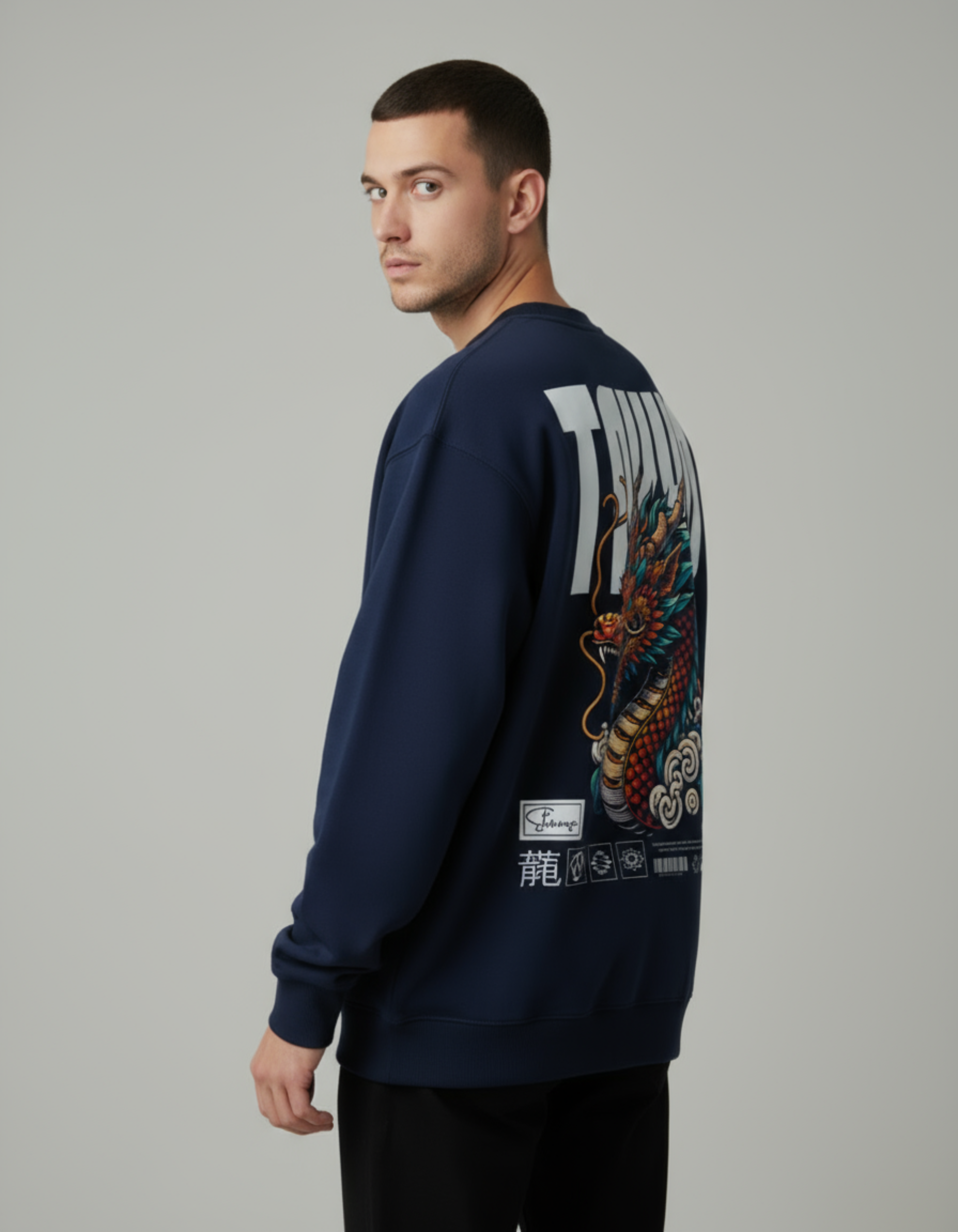 Navy Blue Tokyo Printed Oversized Sweatshirt