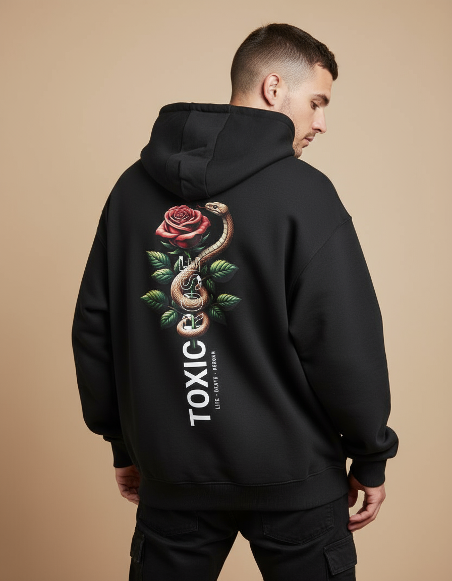 Black Toxic Rose Printed Oversized Hoodie