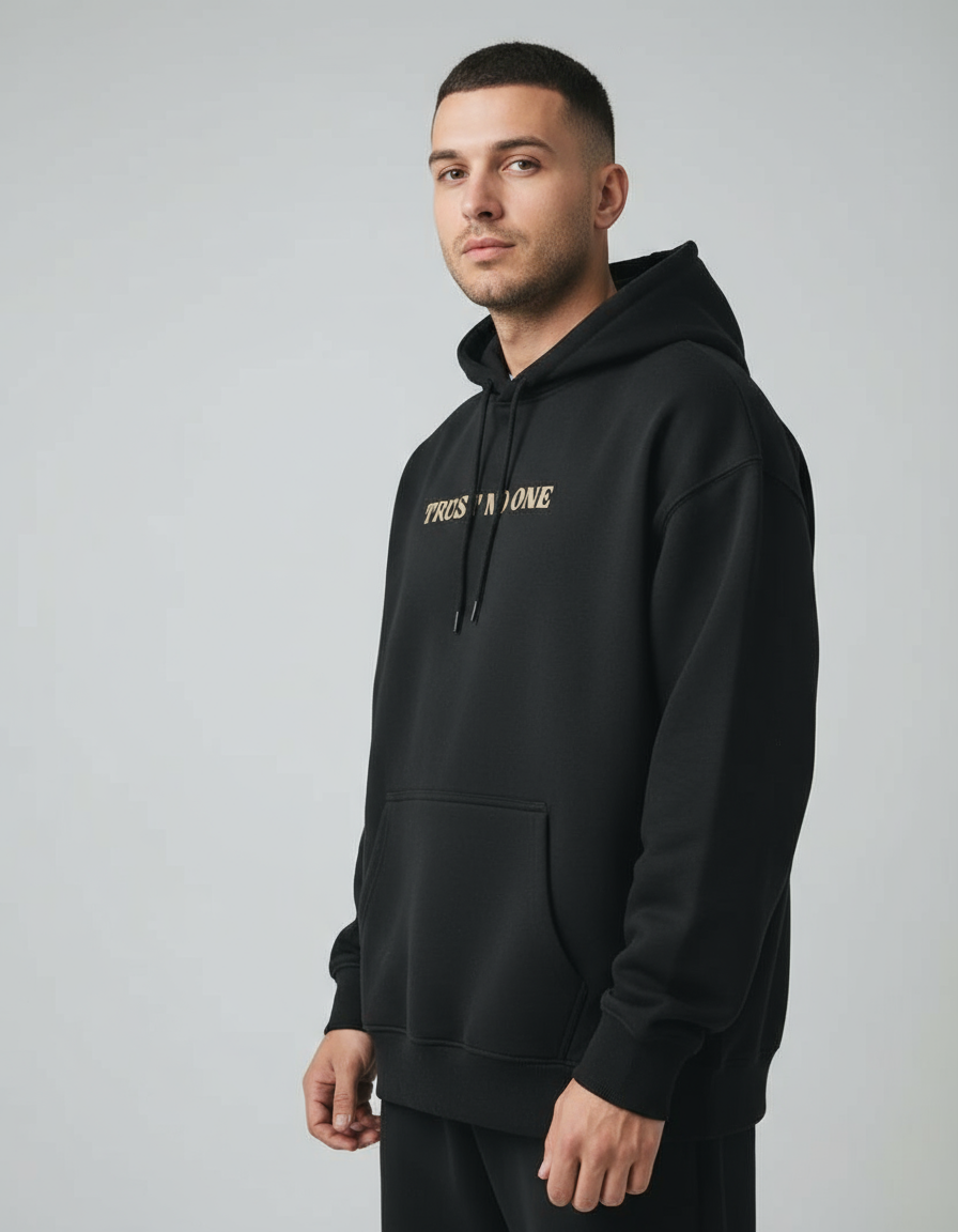Black Trust No One Printed Oversized Hoodie