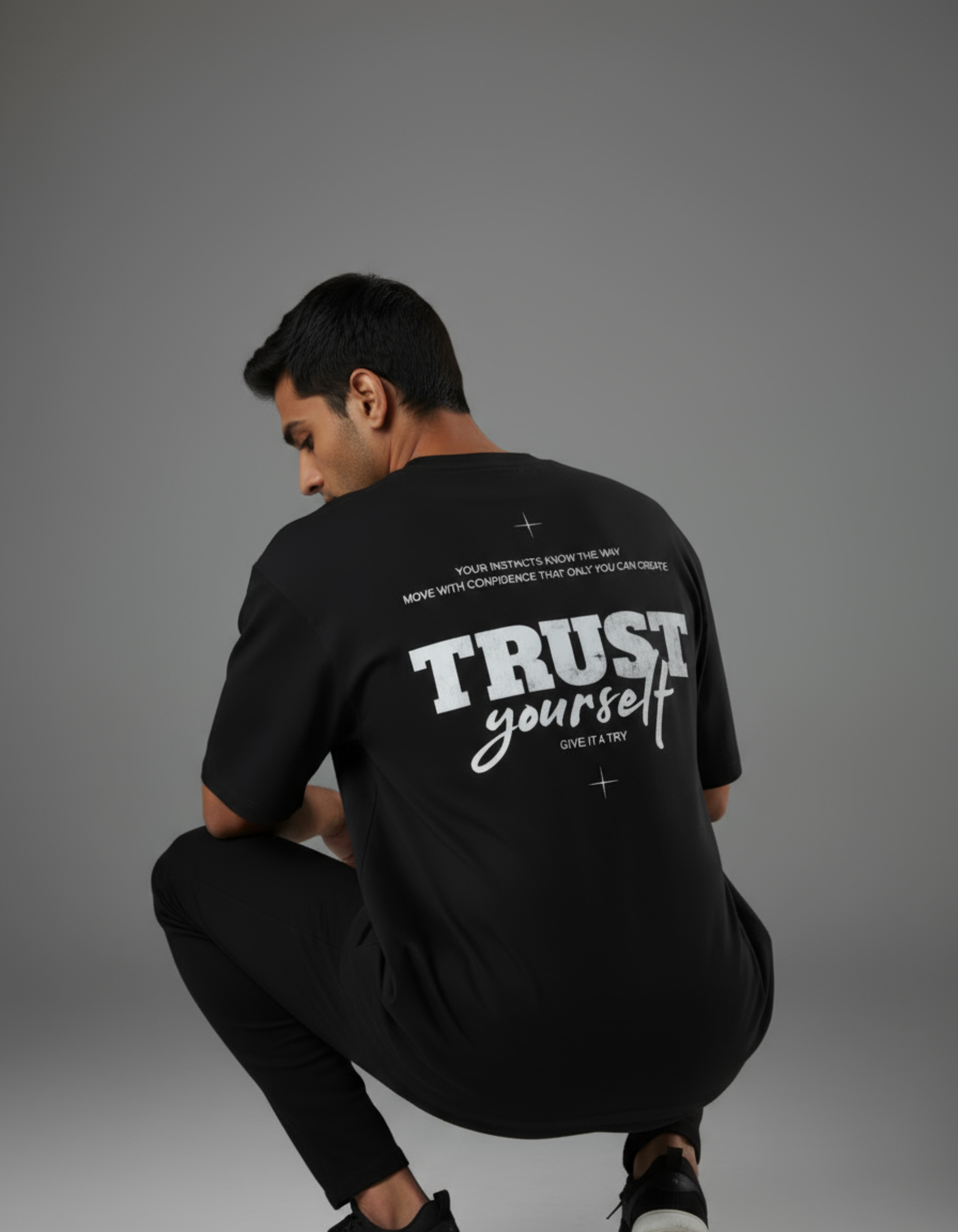 Black Trust Yourself Oversized Typography T-Shirt
