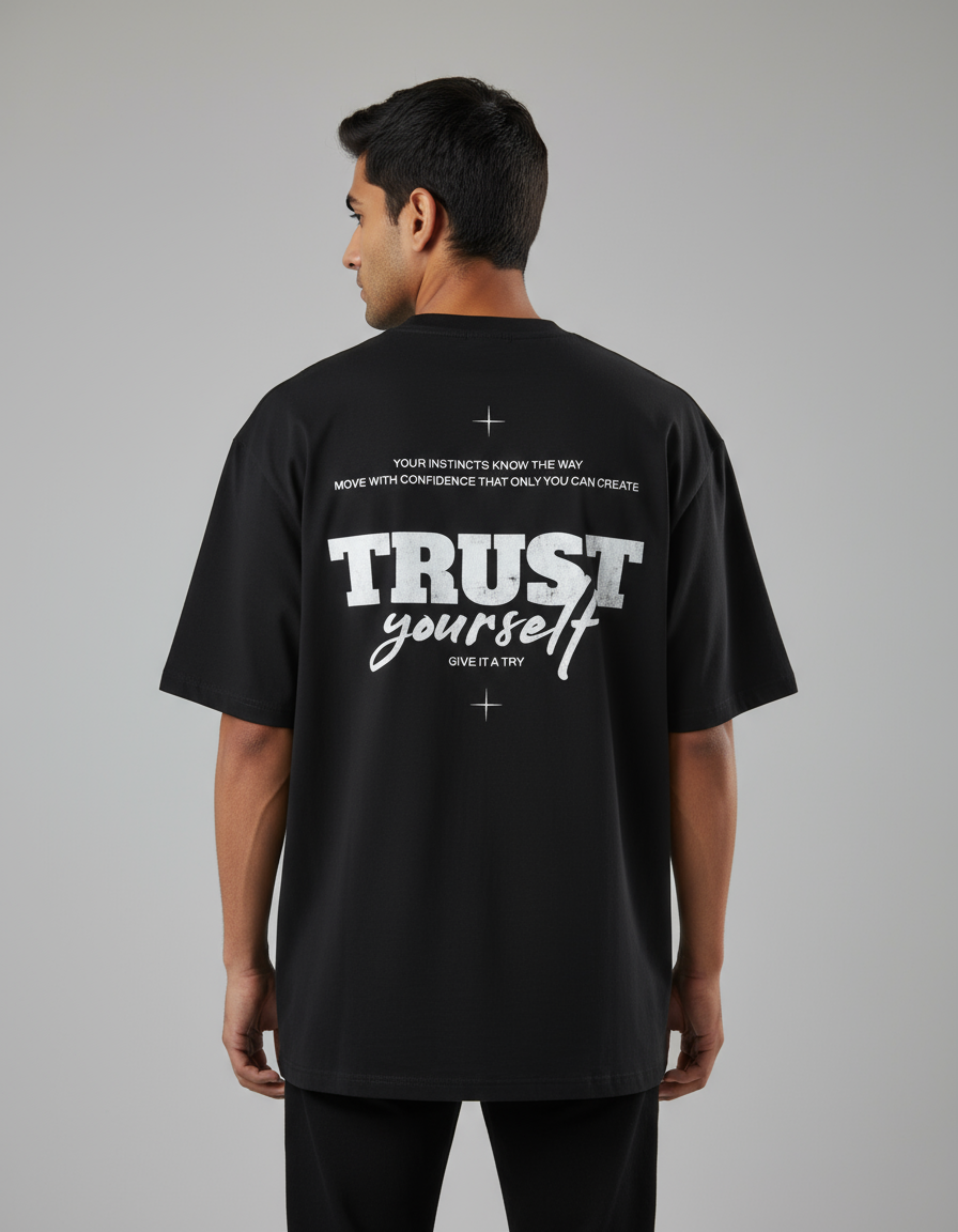 Black Trust Yourself Oversized Typography T-Shirt