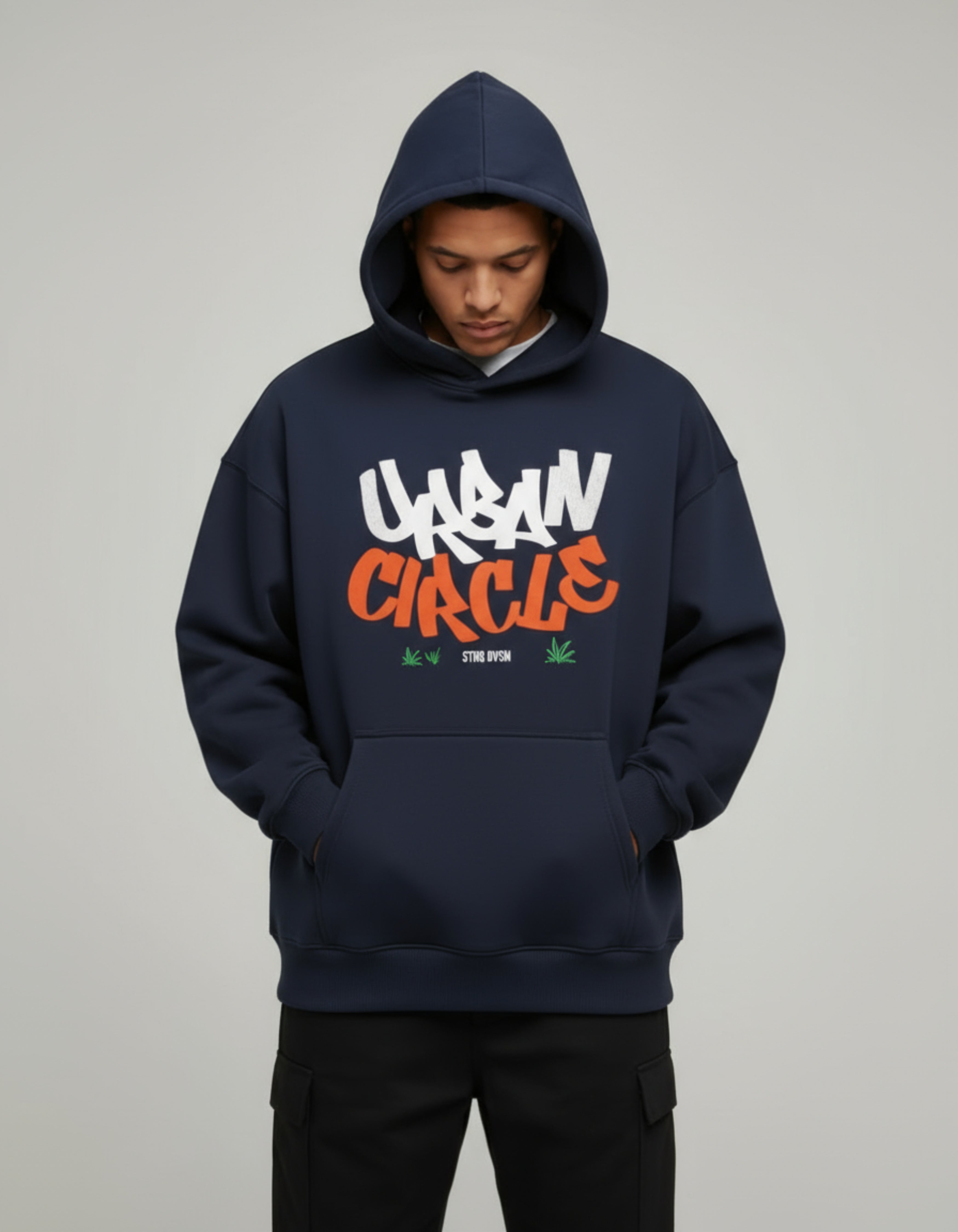 Navy Blue Urban Circle Typography Oversized Hoodie