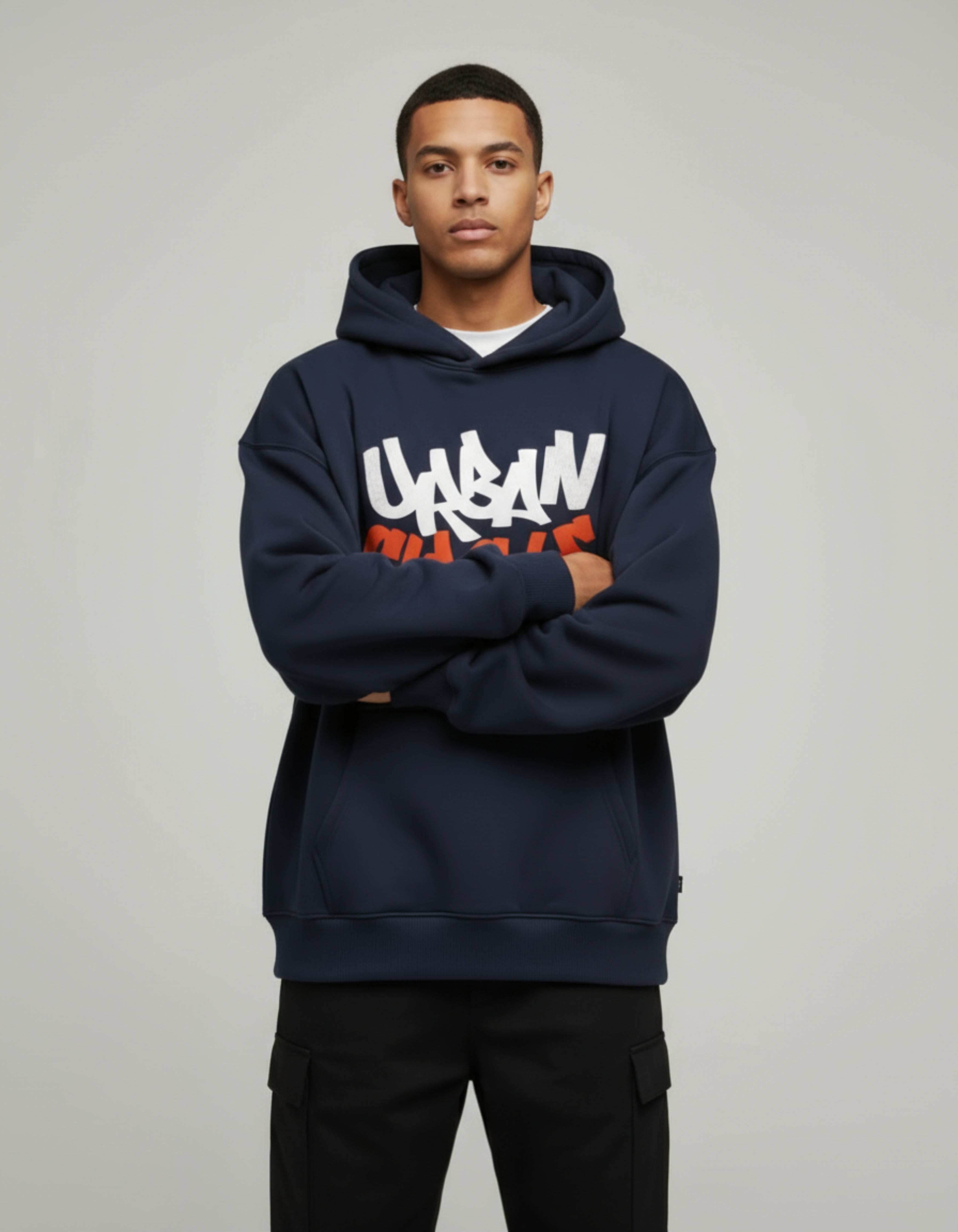 Navy Blue Urban Circle Typography Oversized Hoodie