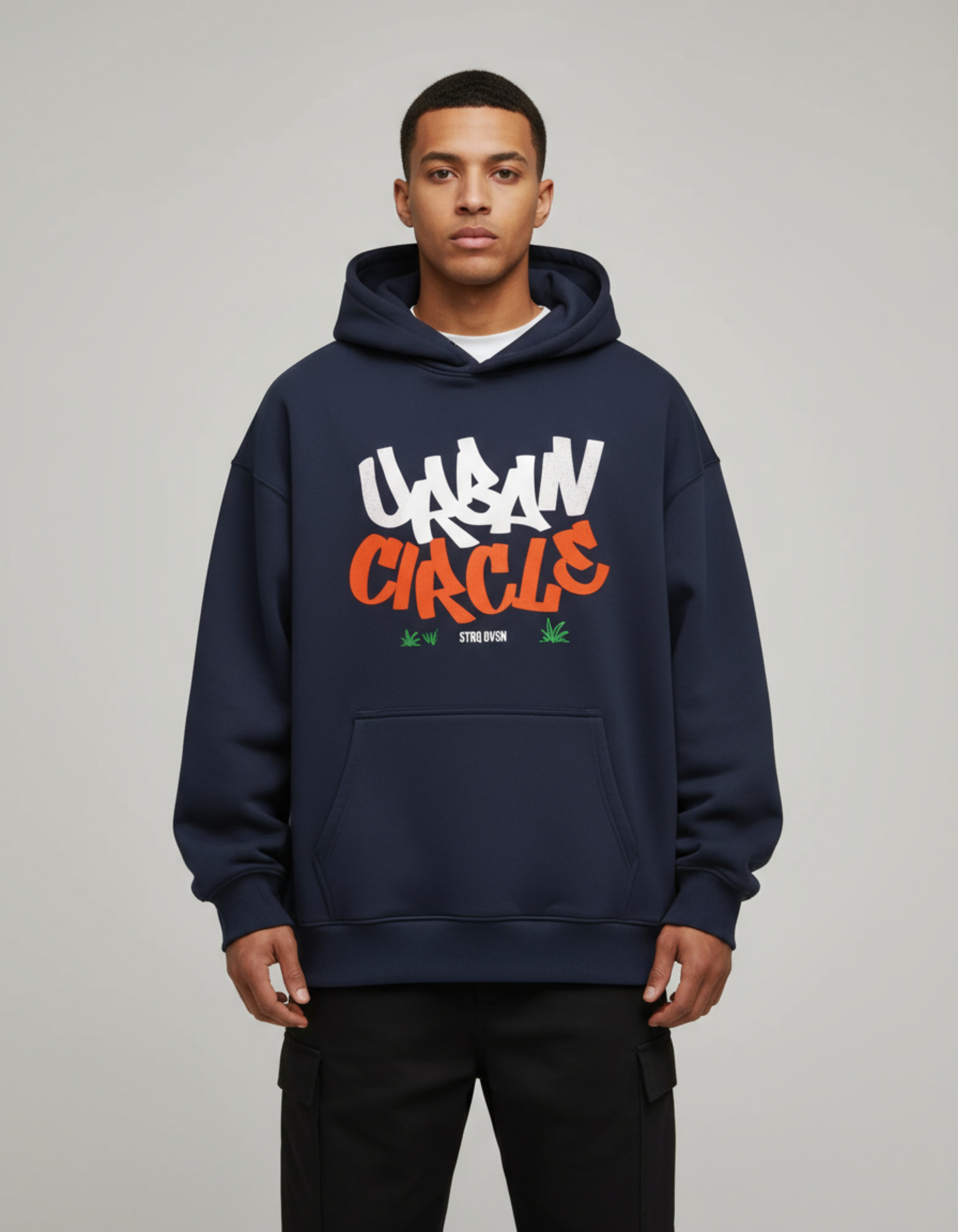 Navy Blue Urban Circle Typography Oversized Hoodie