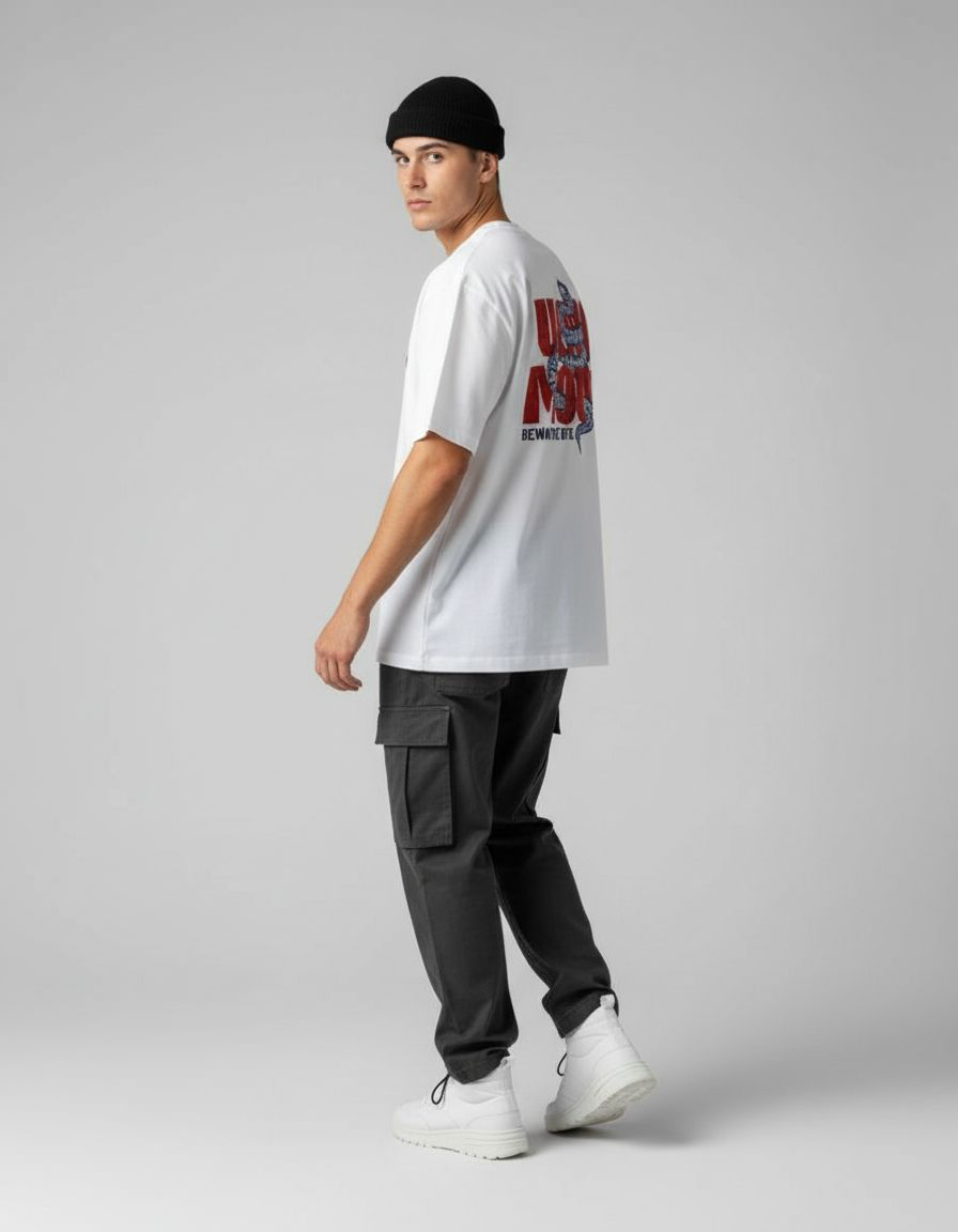 White Venomous Oversized Typography T-Shirt