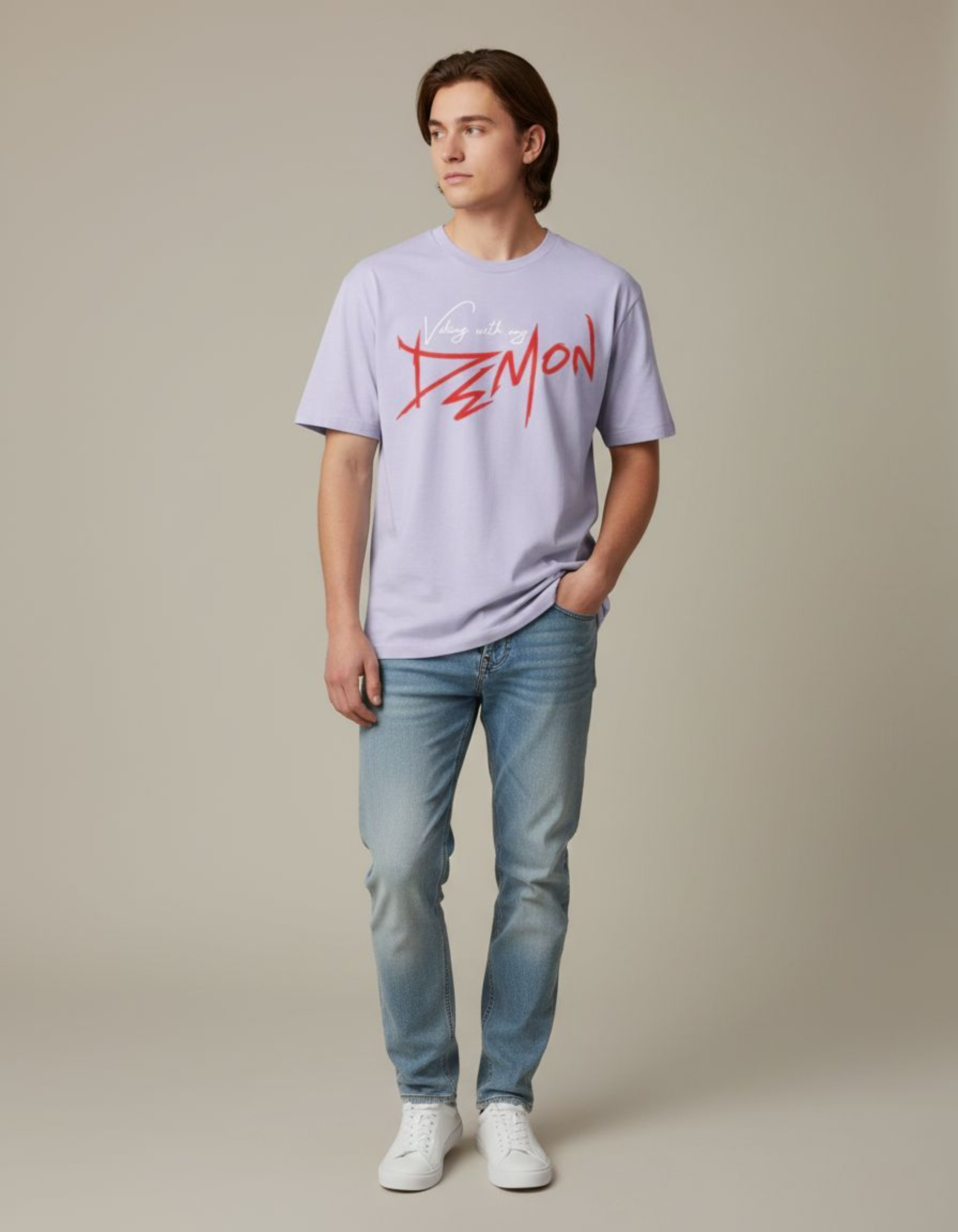 Lavender Vibing with My Demon Oversized Typography T-Shirt