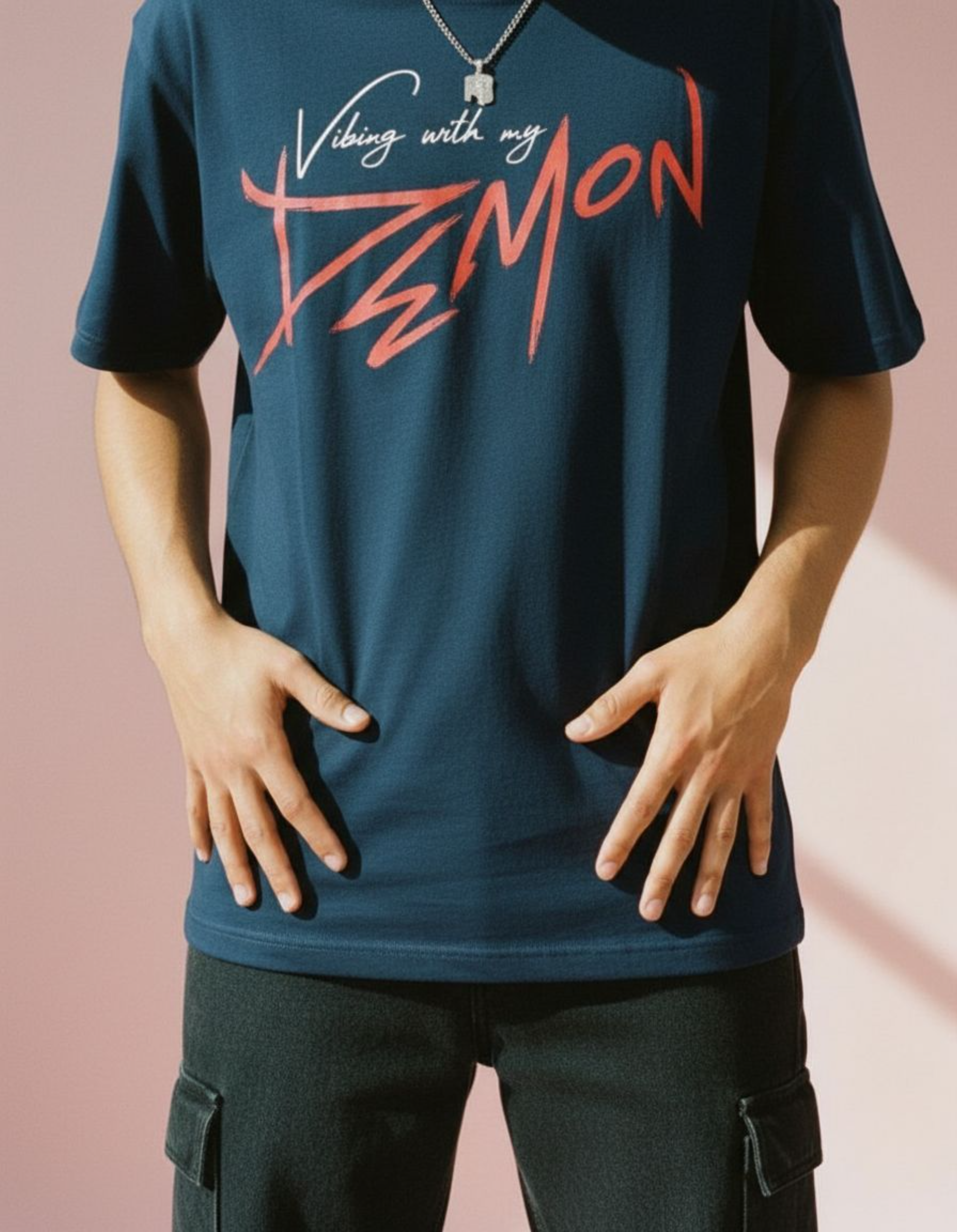 Navy Blue Vibing with My Demon Oversized Typography T-Shirt