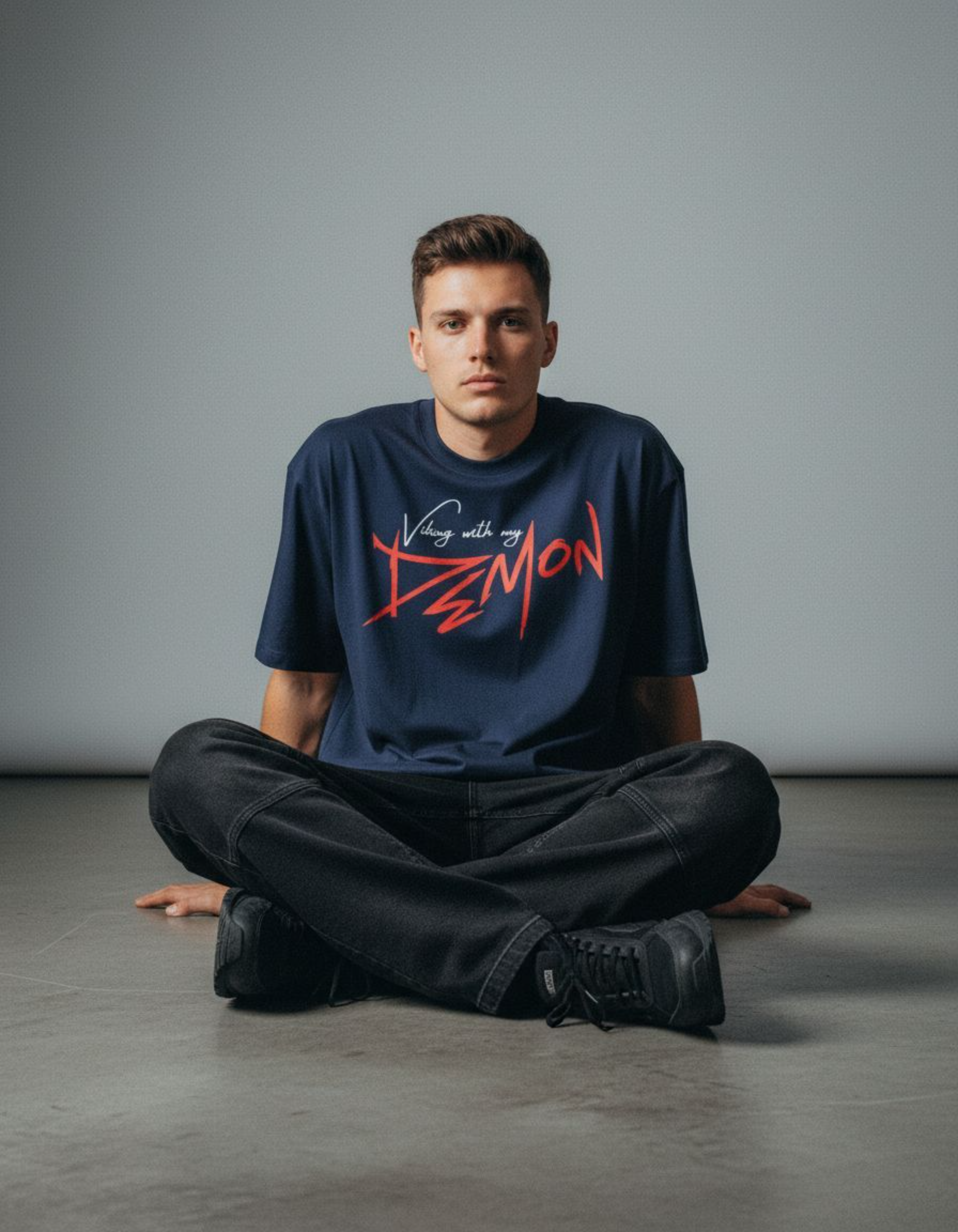 Royal Blue Vibing with My Demon Oversized Typography T-Shirt