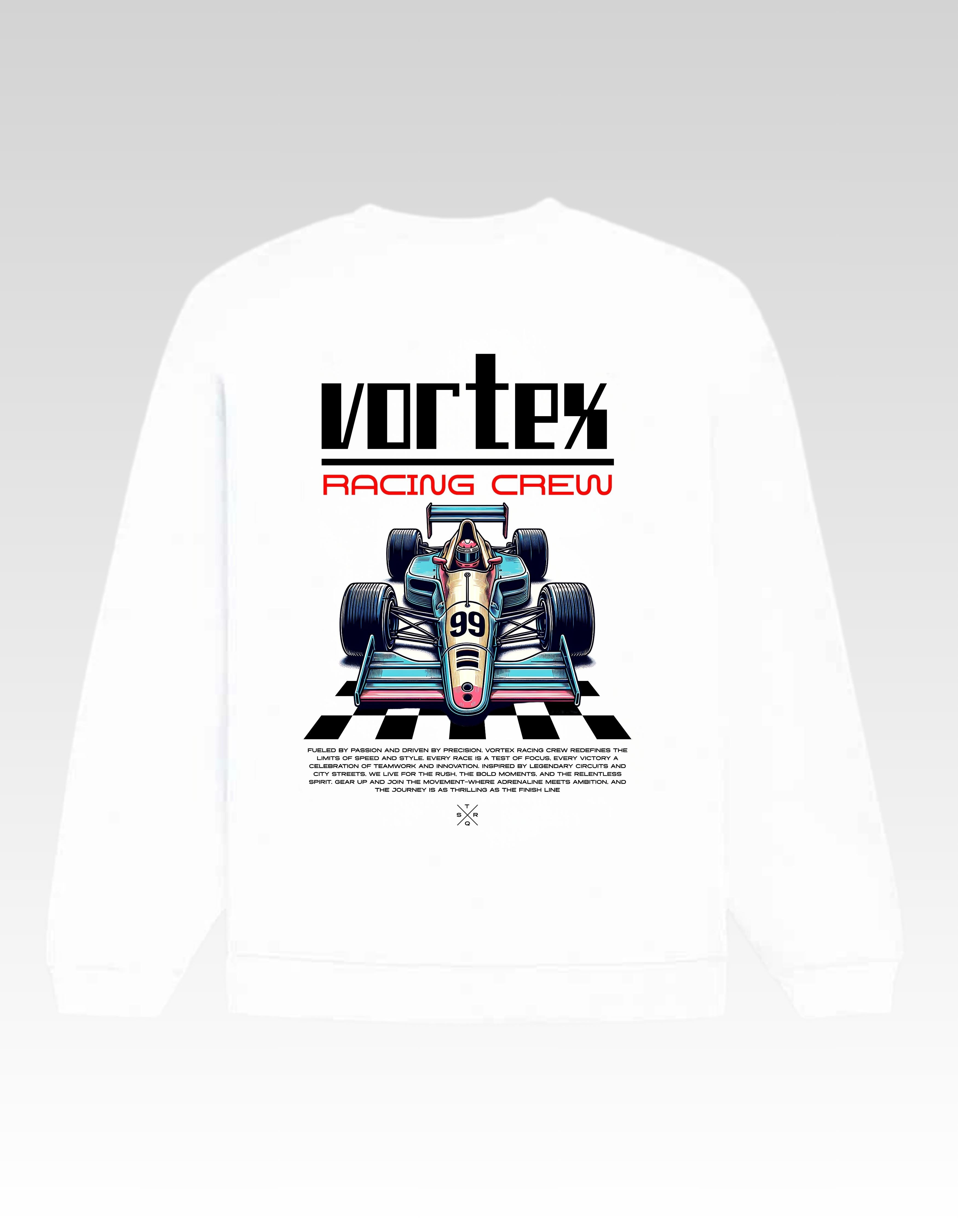 White Vortex Racing Crew Printed Oversized Sweatshirt