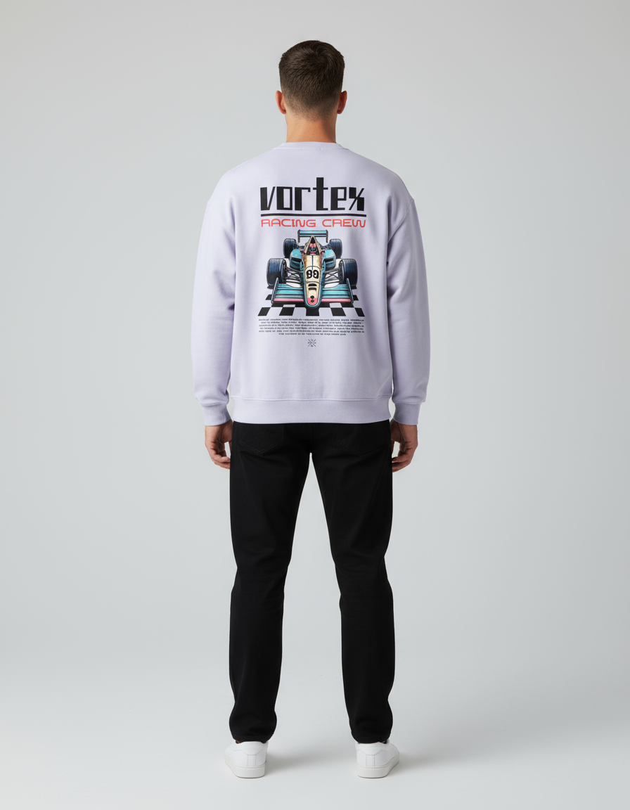 Lavender Vortex Recing Crew Printed Oversized Sweatshirt