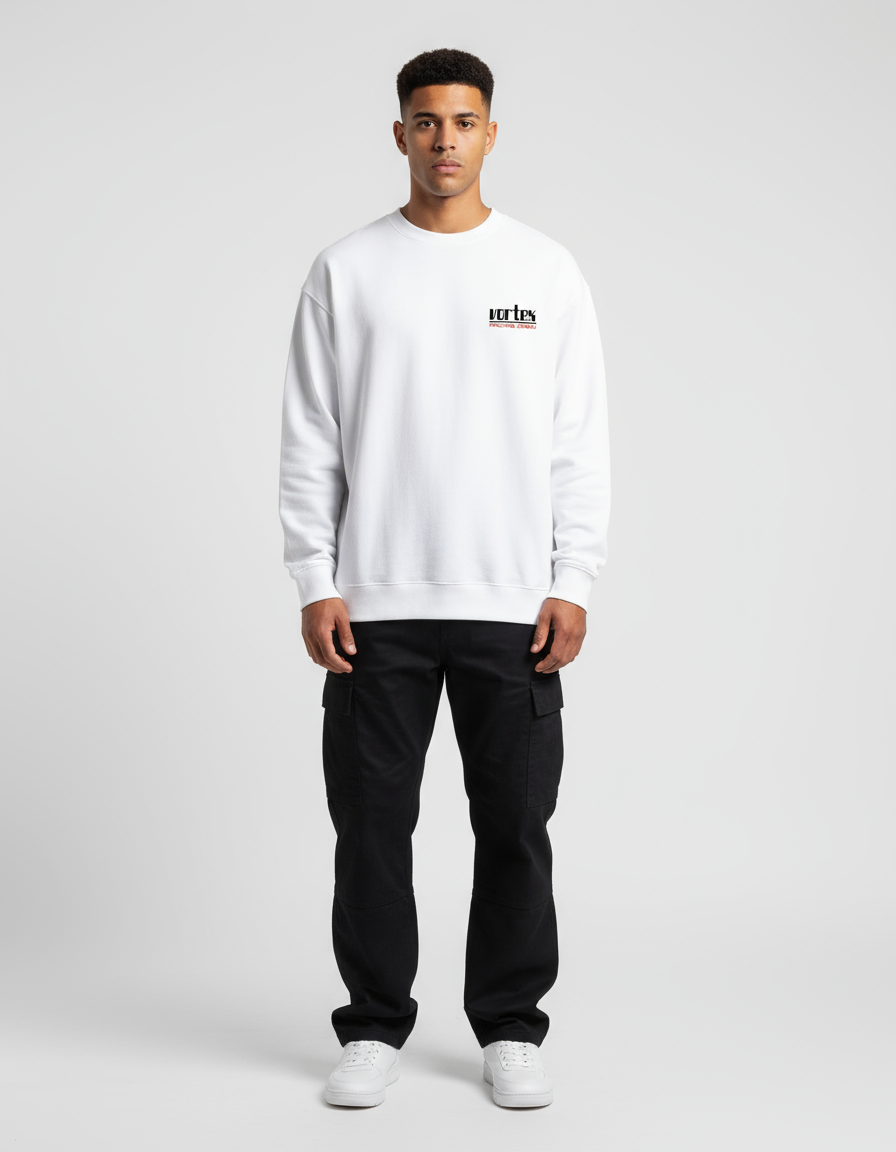 White Vortex Racing Crew Printed Oversized Sweatshirt