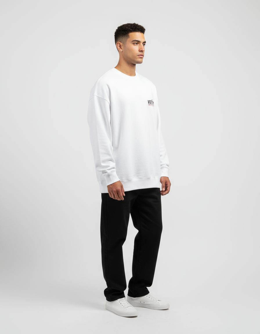 White Vortex Racing Crew Printed Oversized Sweatshirt