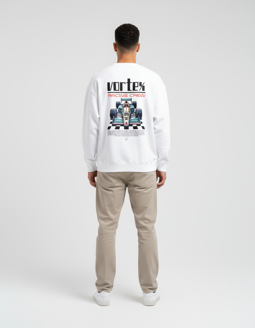 White Vortex Racing Crew Printed Oversized Sweatshirt