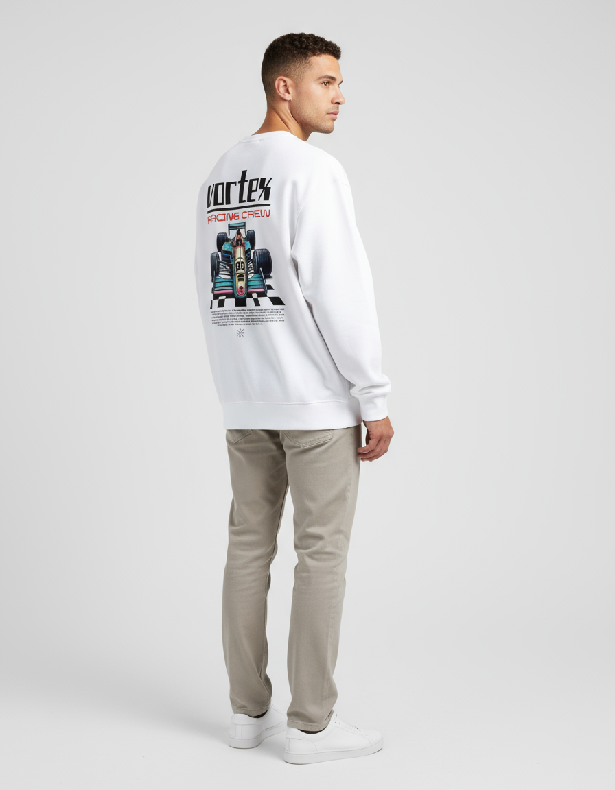 White Vortex Racing Crew Printed Oversized Sweatshirt